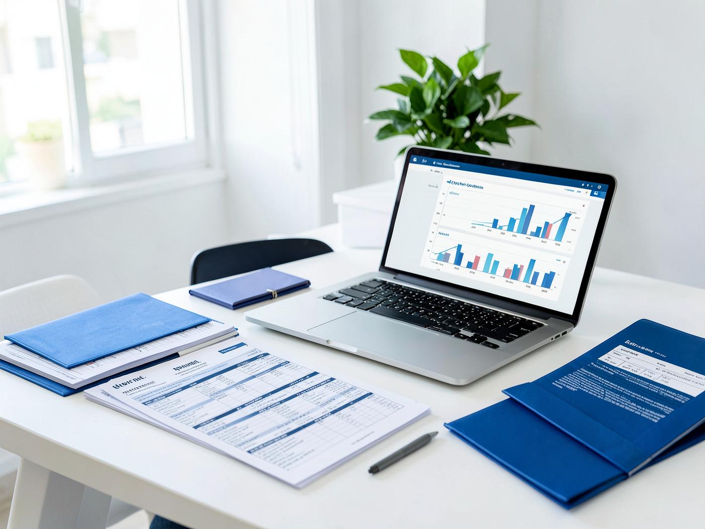 Tax forms, bookkeeping documents, calculator and laptop in a professional office